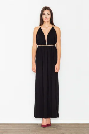 Rochie maxi - M483 - decolteu in V - spate deschis - neagra - viscoza