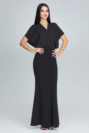 Rochie maxi M577 - neagra - eleganta - din poliester - pentru ocazii speciale -