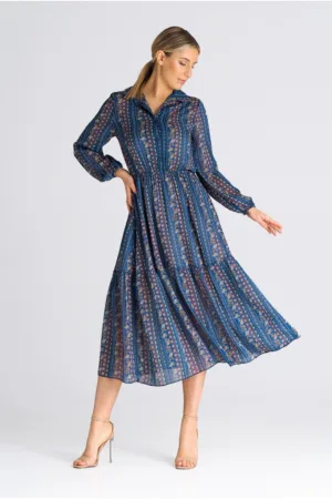 Rochie maxi M942 - florala - albastru - cu maneca lunga - din poliester -