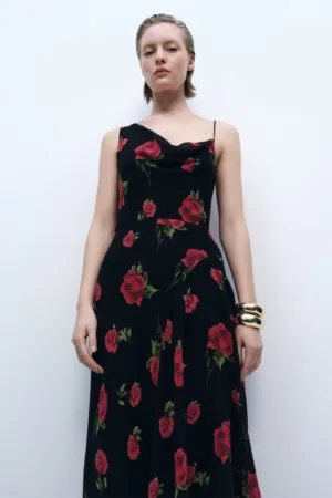 Rochie maxi asimetrica cu model floral