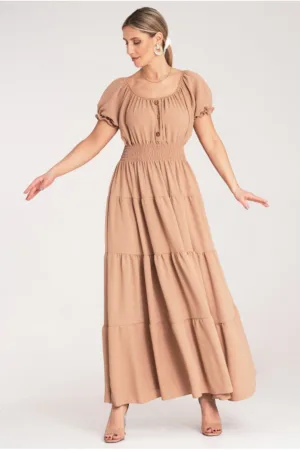 Rochie maxi bej - cu volane - poliester - pentru vara -