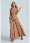 Rochie maxi  bej - maneci lungi - decolteu plic - poliester