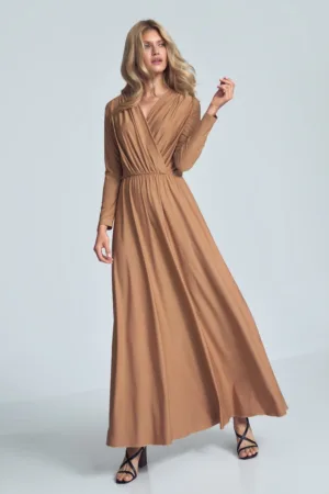 Rochie maxi bej - maneci lungi - decolteu plic - poliester
