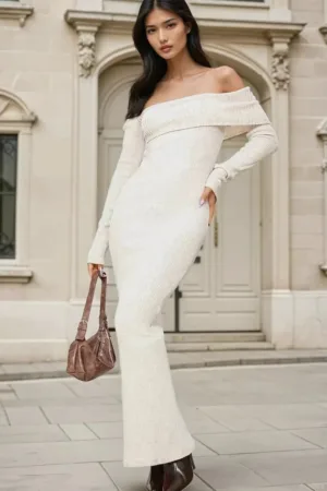 Rochie maxi bodycon -  umeri goi - bej - tricot