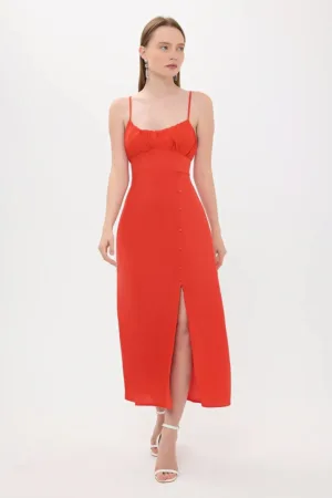 Rochie maxi -  bretele spaghete - crapatura - rosu - material textil