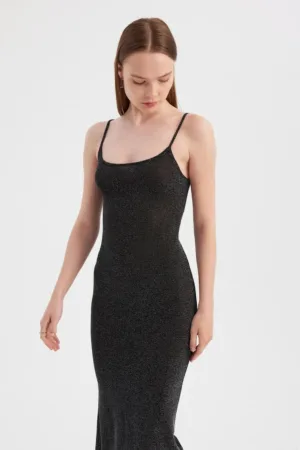 Rochie maxi -  bretele spaghete - negru - tesuta