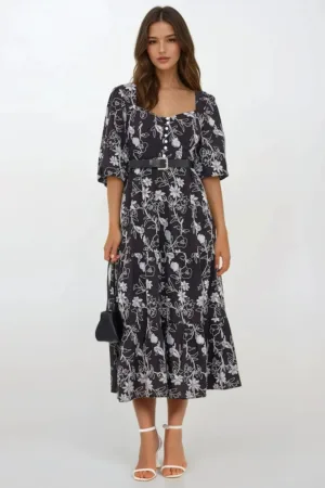 Rochie maxi -  brodata - decolteu inima - maneci bufante - neagra - textil