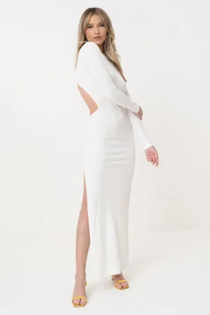 Rochie maxi cambrata cu slit lateral si decupaj pe spate