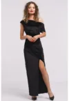 Rochie maxi catifelata cu decolteu pe un umar si slit frontal