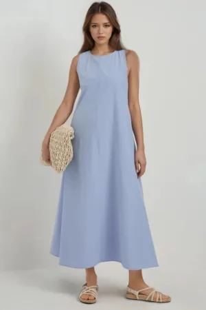 Rochie maxi -  colectia Mixray - guler rotund - albastra - textil