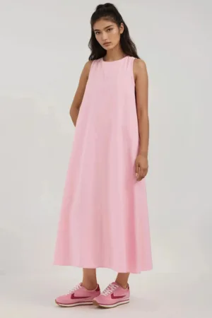 Rochie maxi -  colectia Mixray - guler rotund - roz - textil