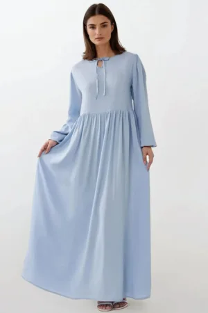 Rochie maxi - croiala in A - guler rotund - albastru - textil