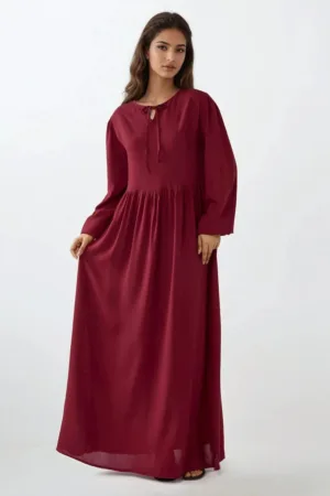 Rochie maxi - croiala in A - guler rotund - rosu - textil