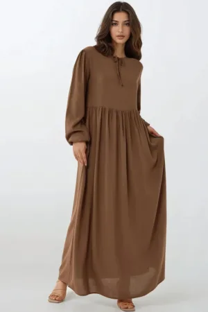 Rochie maxi - croiala in forma de A - guler rotund - maro - textil