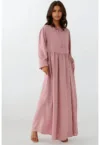 Rochie maxi -  croiala in forma de A - guler rotund - roz - textil