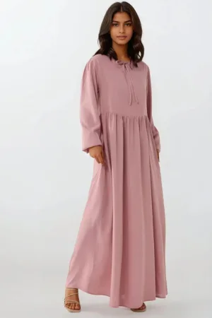 Rochie maxi - croiala in forma de A - guler rotund - roz - textil