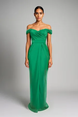 Rochie maxi cu aspect satinat si decolteu pe umeri