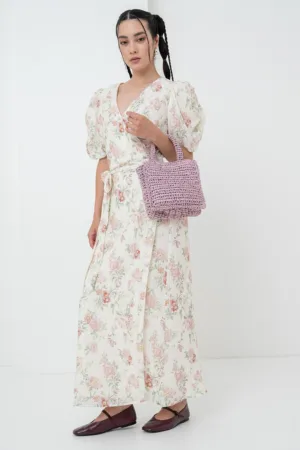 Rochie maxi cu cordon in talie - maneci bufante si model floral