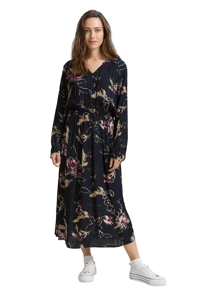 Rochie maxi cu croiala in A si model floral - Roz - Bleumarin -