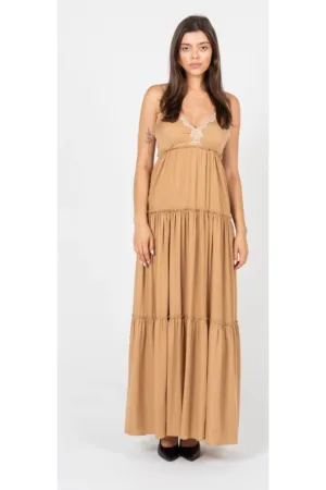 Rochie maxi cu decolteu in V - Bej - 38