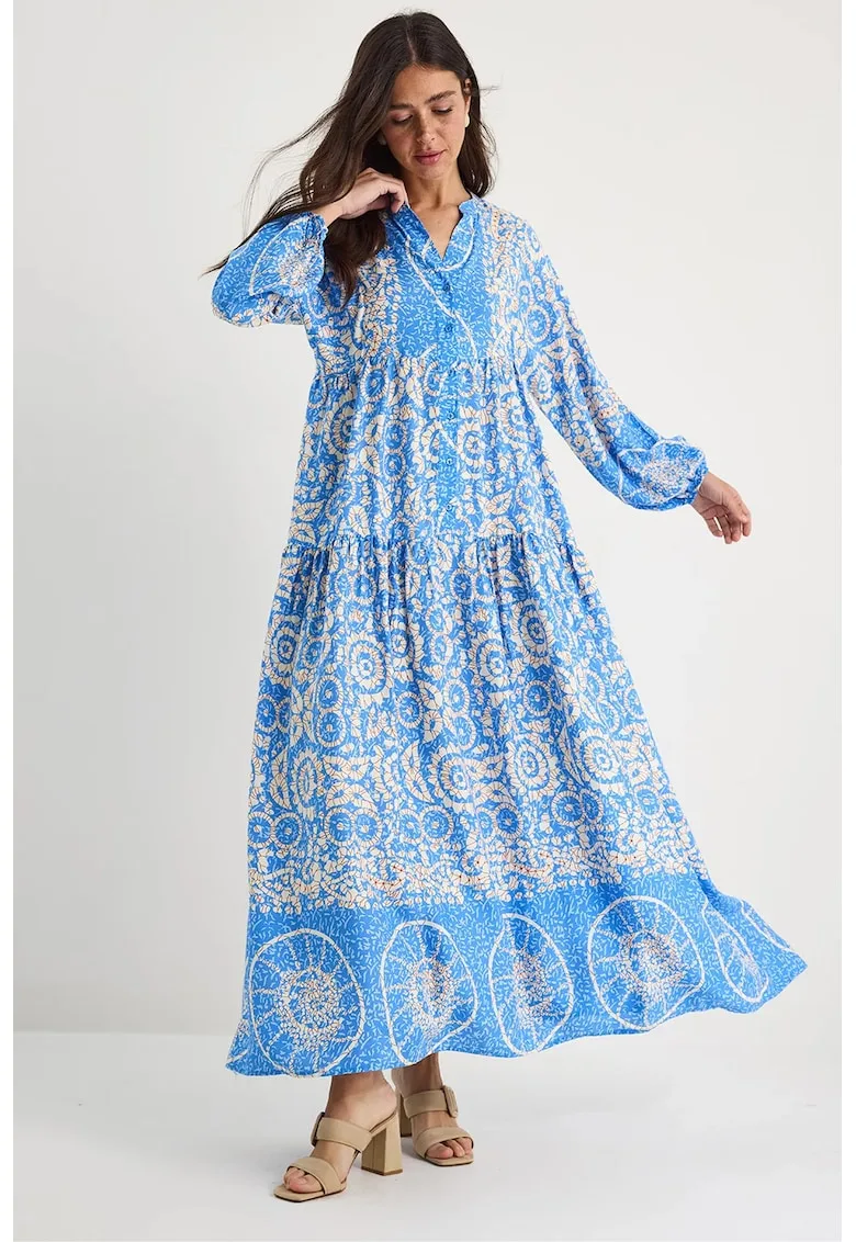 Rochie maxi - cu decolteu in V - inchidere cu nasturi - albastra - poplin