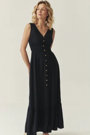 Rochie maxi cu decolteu in V si terminatie cu volane