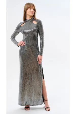 Rochie maxi cu decupaje si aspect metalizat
