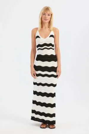 Rochie maxi -  cu dungi - decolteu in V - crapaturi laterale - textil - Multicolor -