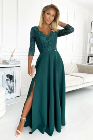 Rochie maxi cu fanta pe picior si decolteu in V - Verde sticla