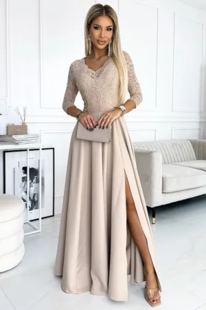 Rochie maxi cu fanta pe picior si decolteu in V - Bej