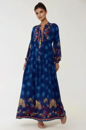 Rochie maxi -  cu imprimeu - albastra - viscoza