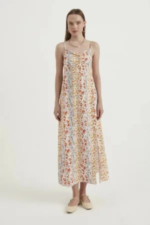 Rochie maxi  cu imprimeu floral - bretele tip spaghete - multicolor - textil