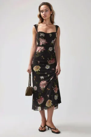 Rochie maxi  cu imprimeu - guler in forma de inima - negru - tul