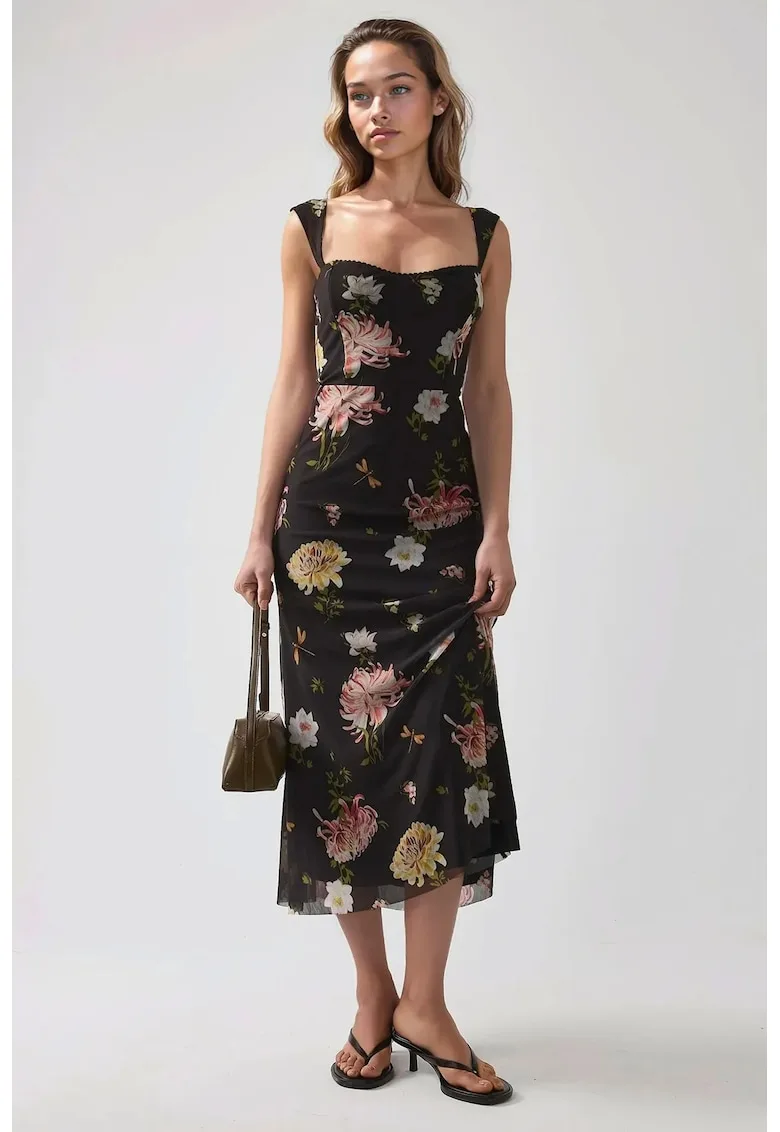 Rochie maxi cu imprimeu - guler in forma de inima - negru - tul