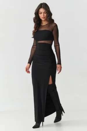 Rochie maxi cu insertii transparente si slit lateral