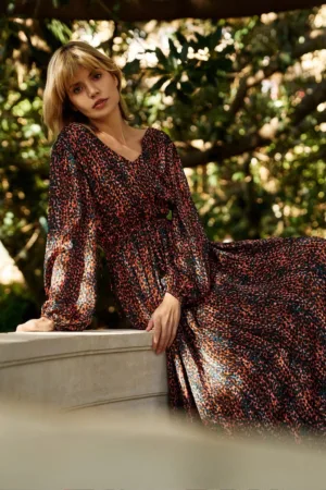 Rochie maxi cu maneci bufante - maronie