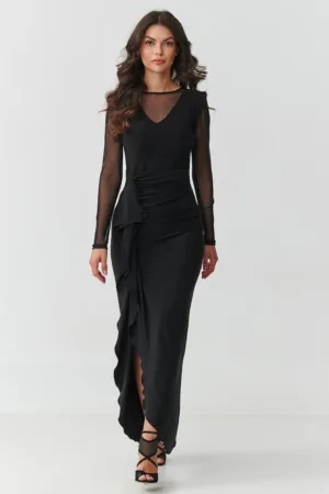 Rochie maxi cu maneci transparente si volane