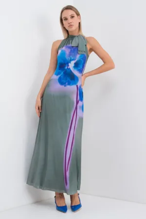 Rochie maxi cu model floral si decolteu cu panglica Lorena