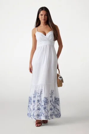 Rochie maxi cu model floral si decolteu sweetheart