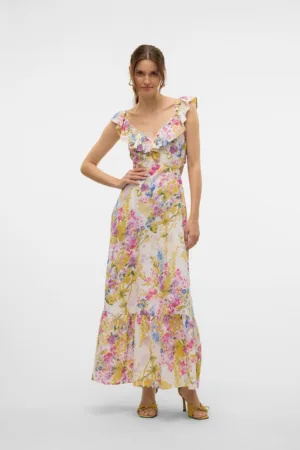 Rochie maxi cu model floral si decupaj pe partea din spate