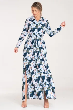 Rochie maxi - cu nasturi - albastru floral - poliester -