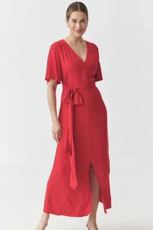 Rochie maxi cu slit frontal si cordon in talie