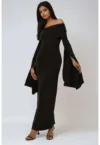 Rochie maxi -  cu umeri goi - neagra - poliester