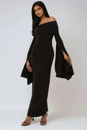 Rochie maxi -  cu umeri goi - neagra - poliester