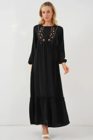 Rochie maxi dama - brodata - poliester/elastan - negru
