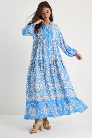 Rochie maxi dama -  croi lejer - viscoza - decolteu in V - albastru