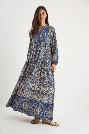 Rochie maxi dama - croi lejer - viscoza - decolteu in V - bej/albastru