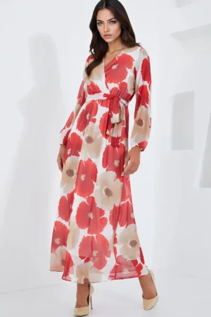 Rochie maxi dama cu decolteu in V - poliester - multicolor