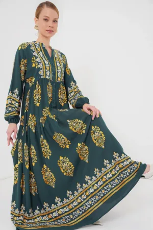 Rochie maxi dama -  cu imprimeu - decolteu in V - viscoza - multicolor