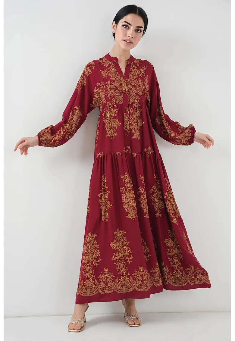 Rochie maxi dama - cu imprimeu - decolteu in V - viscoza - rosu/galben